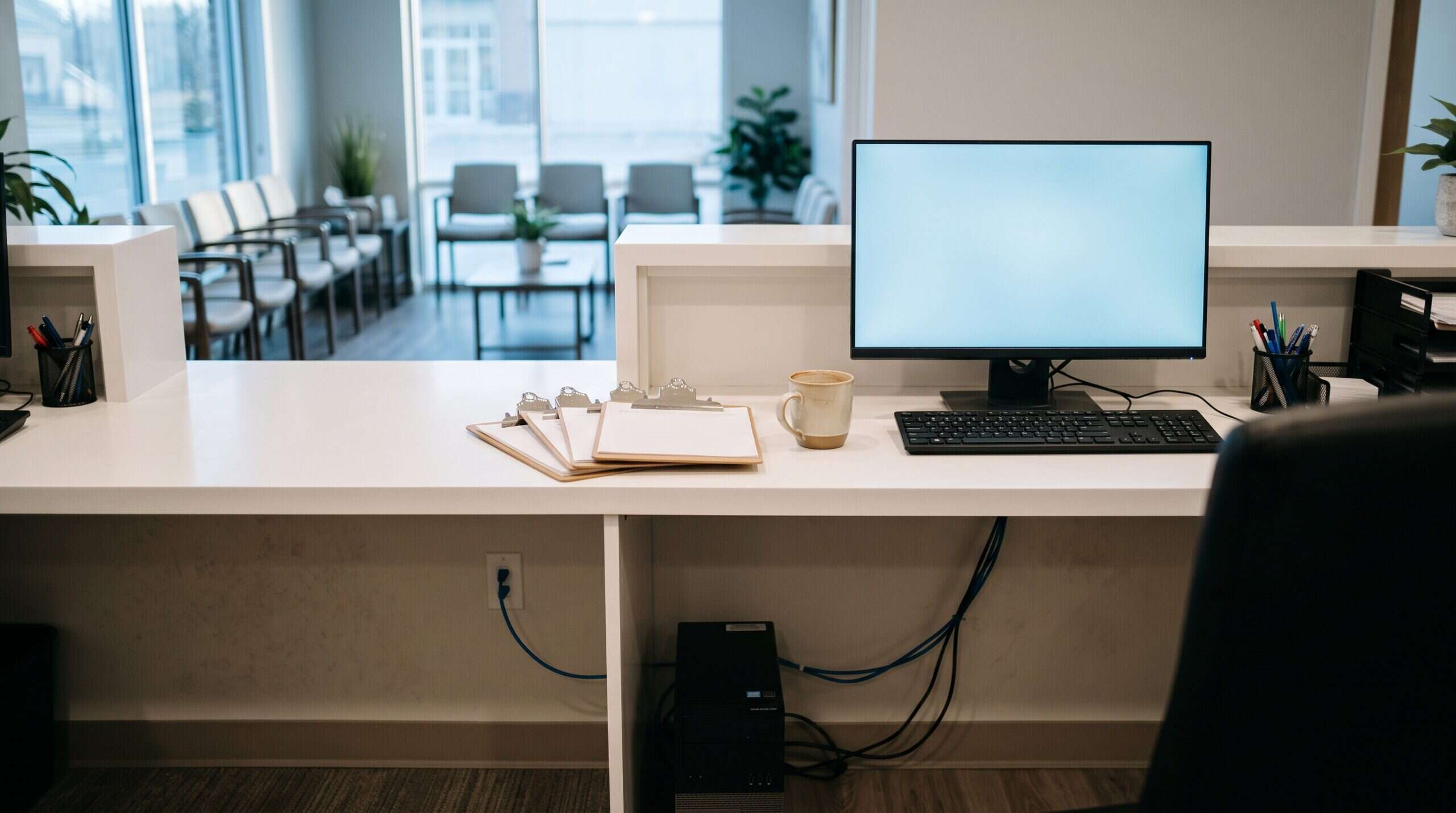 Dental office front desk workstation with a desktop computer and wired network cable